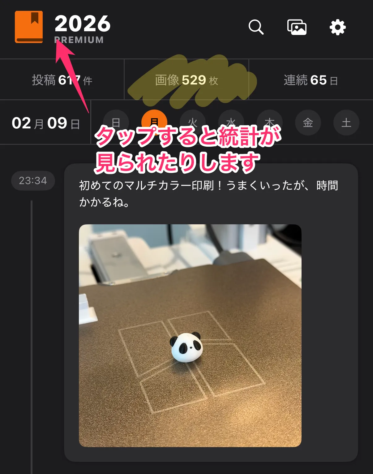 ロゴをタップすると統計がでます。500枚以上の写真を撮った！